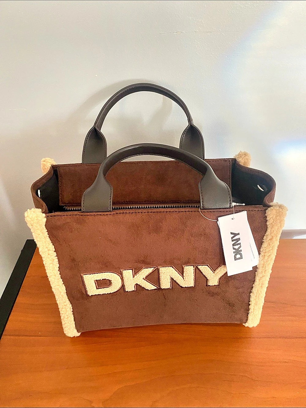 DKNY Paula Shearling-Trim Tote Bag Brown